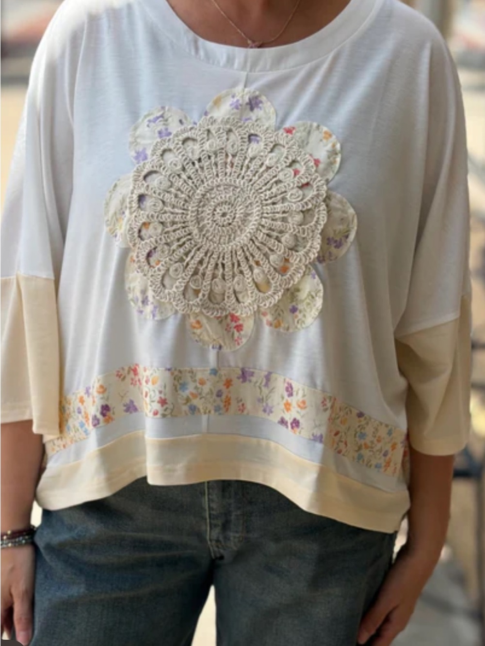 Cream Floral Crochet-Accent Boxy Tunic Top